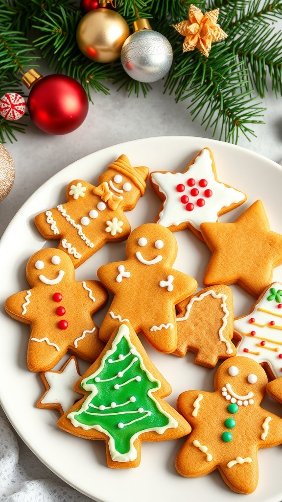A plate of decorated gingerbread cookies in festive shapes, surrounded by holiday decorations.